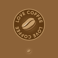 Coffee logo. Love Coffee emblem. Coffee bean with rays in a circle frame. Coffee shop and cafeteria logo.