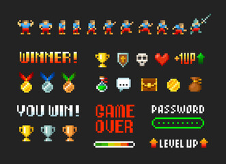 Pixel art 8 bit winner trophy cups and medals with game loot icons for arcade design. Level up with character animation scene design. Retro video game elements