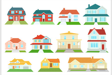 Set of vector houses on a white background. American residential buildings.