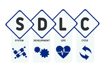 SDLC - System Development Life Cycle acronym. business concept background.  vector illustration concept with keywords and icons. lettering illustration with icons for web banner, flyer, landing 