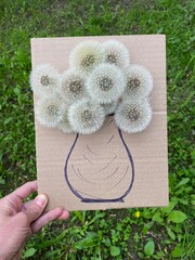 children's art on a walk, flowers in a vase, made of cardboard and fluffy dandelions.