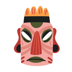 Tiki pink mask, ethnic totem from tropical island vector illustration. Cartoon mask template, ancient wooden tribal face decoration of tiki god isolated on white