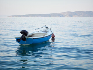 Naklejka premium Seagull sitting on a small motorboat in the Adriatic Sea.