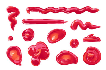 Tomato ketchup splashes, stains and drops set. Red food condiment. Vector elements in flat cartoon style.