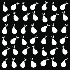 Vector pattern of vegetables, fruits, pears. Black and white botanical illustration. Pattern for textiles, postcards, posters, design of cookbook, magazine, website. Black background, white elements