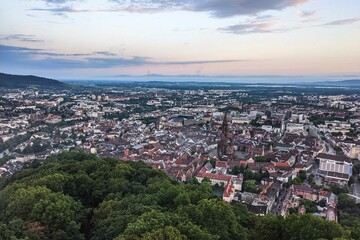 Freiburg im Breisgau. View over beautiful south german city at sunrise.