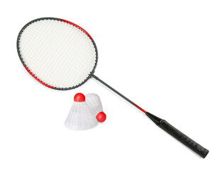 Badminton racket and shuttlecocks on white background. Sports equipment