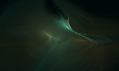 Abstract 3d substance fluttering and creating glowing wave in space. Science fiction concept in green turquoise orange colors. Great for design as background or element. Digital art.