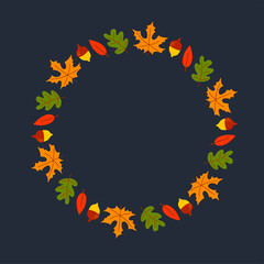 Vector wreath of autumn leaves and fruit in watercolor style. Beautiful round wreath of yellow and red leaves, acorns, berries, cones and branches. Decor for invitations, greeting cards, posters.