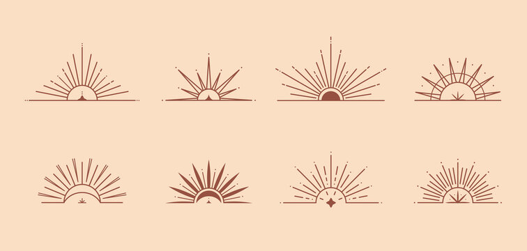 Bundle of vector bohemian logo design templates with sun,moon,star and sunburst.Boho linear icons or symbols in trendy minimalist style.Modern celestial emblems.Branding designs templates.