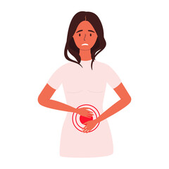 A flat vector cartoon illustration of a woman experiencing pain or cramps in the abdominal area. Problems of the digestive system. Isolated design on a white background.