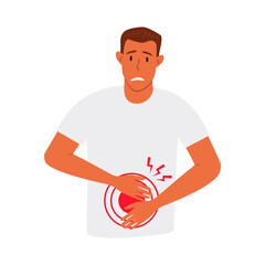 A flat vector cartoon illustration of a man experiencing pain or cramps in the abdominal area. Problems of the digestive system. Isolated design on a white background.