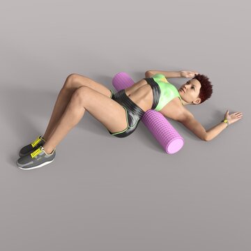 3D Rendering of an isolated sportive girl doing pilates with a foam roll