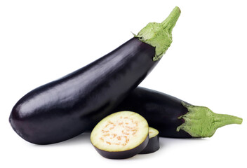 Whole eggplants and slices on a white background. Isolated