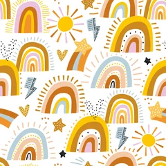 Sierkussen Naadloos kinderachtig patroon met handgetekende glanzende regenbogen, harten, flitsen, zon. Trendy kinderen vector achtergrond. © solodkayamari