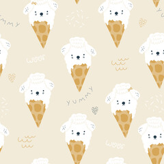 Cute ice cream puppies seamless pattern. Childish creative texture for fabric, apparel, wallpaper