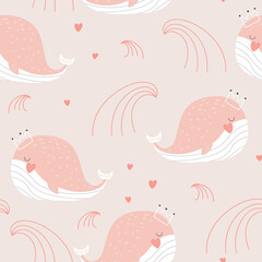 Seamless pattern with cartoon creative whales princess. Childish texture for fabric, textile,apparel. Vector background