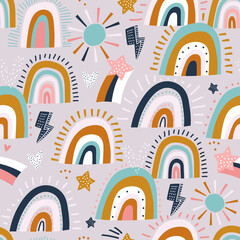 Seamless childish pattern with hand drawn shining rainbows, hearts, flashes,sun. Trendy creative kids vector background.