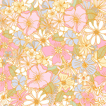 Seamless retro style hand drawn floral pattern. High detailed flower texture in pastel colors. Vector illustration