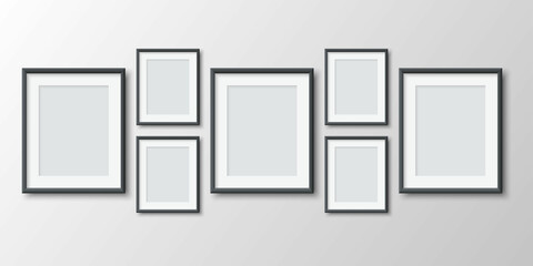 Realistic vertical blank photo frames on wall background. Empty photo collage set. Mockup for pictures, photography, poster. Moodboard. Decorative design element interior. Vector illustration