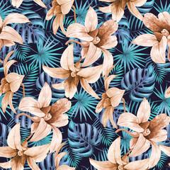 seamless pattern of tropical palm leaves and orchid flowers on a dark background, botanical illustration watercolor hand-painted