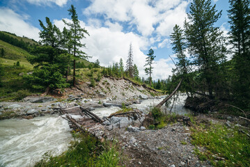 Powerful rapids in fast turbulent river with broken bridge in water. Scenic green forest landscape with log bridge across mountain river. Beautiful scenery with wooden bridge over mountain creek.