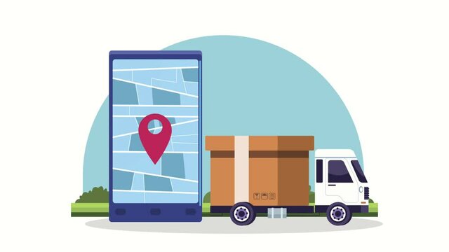 logistic service animation with truck and smartphone