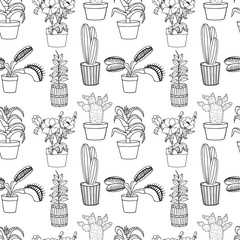 Seamless pattern of flowerpots, cacti in pots. Vector stock illustration eps10. 