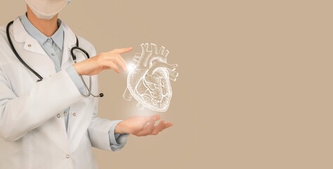 Unrecognizable doctor holding highlighted handrawn Heart in hands. Medical illustration, template,...