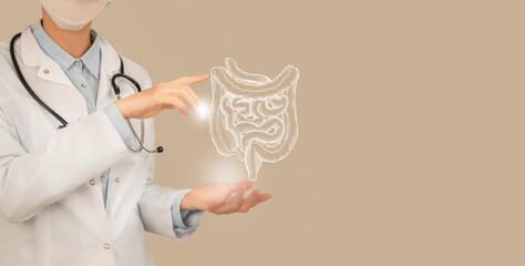 Unrecognizable doctor holding highlighted handrawn Intestine in hands. Medical illustration,...