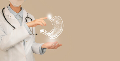 Unrecognizable doctor holding highlighted handrawn Stomach in hands. Medical illustration,...