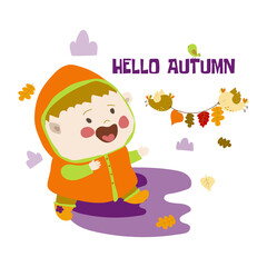 A happy little girl walking in the fall. A girl is happy in autumn. Little birds holding autumn leaves in their beaks. Vector illustration on white background in cartoon style. Isolated. 