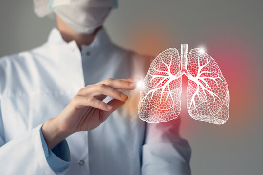 Unrecognizable doctor caring highlighted red handrawn Lungs. Medical illustration, template, science mockup.