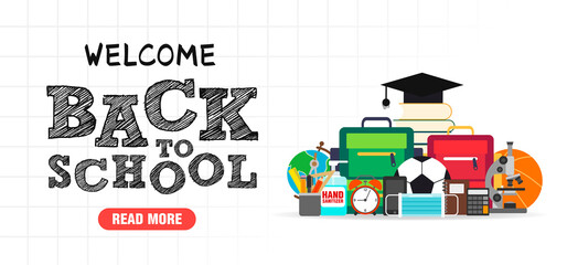 Naklejka premium Back to school concept design flat banner. Welcome back to school. School icon. Vector illustration