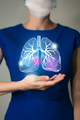 Unrecognizable woman in blue clothes holding highlighted handrawn Lungs in hands. Medical illustration, template, science mockup.