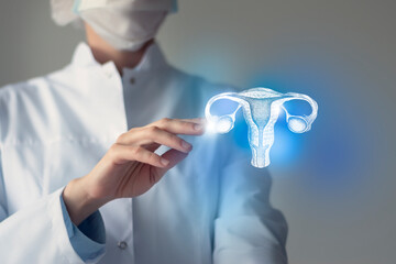Unrecognizable doctor caring highlighted blue handrawn  Uterus. Medical illustration, template,...