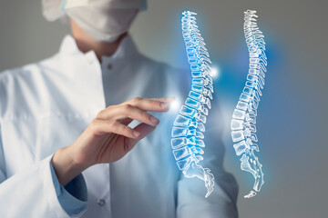 Unrecognizable doctor caring highlighted blue handrawn  Spine. Medical illustration, template, science mockup. - obrazy, fototapety, plakaty