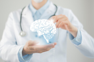 Unrecognizable doctor holding highlighted handrawn Brain in hands. Medical illustration, template,...