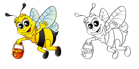 Cartoon bee flying with bucket honey. Colour and black white vector illustration for coloring book