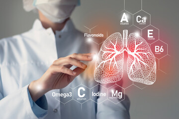 Set of main human organs with molecular grid, micronutrients and vitamins with doctor on blurry...