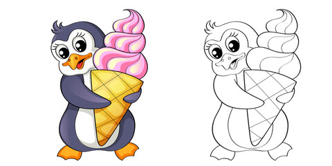 Cartoon penguin with ice cream. Color and black white vector illustration for coloring book
