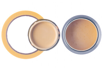 Painters tape and open paint can top view isolated on white background