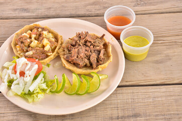 Sopes tortilla mexican food wooden base horizontal