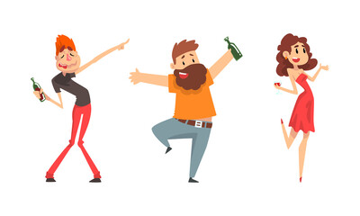 Tipsy Man and Woman Character Drinking Alcoholic Beverage Vector Set