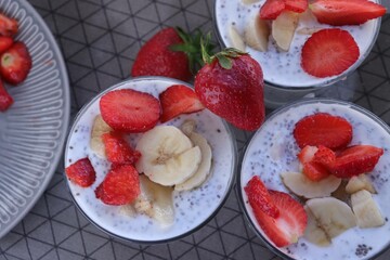 strawberry dessert with banana and chia seeds