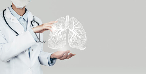 Unrecognizable doctor holding highlighted handrawn Lungs in hands. Medical illustration, template,...
