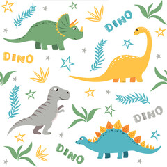 Seamless pattern with dinosaurs, stars, leaves and lettering. Vector illustration.