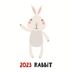 Cute cartoon rabbit, Asian zodiac sign, astrological symbol, isolated on white. Hand drawn vector illustration. Flat style design. 2023 Chinese New Year card, banner, poster, horoscope element.