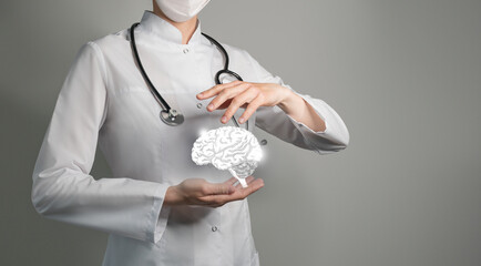 Unrecognizable doctor holding highlighted handrawn Brain in hands. Medical illustration, template, science mockup.