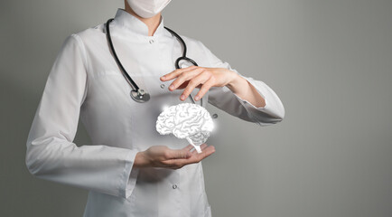 Unrecognizable doctor holding highlighted handrawn Brain in hands. Medical illustration, template,...